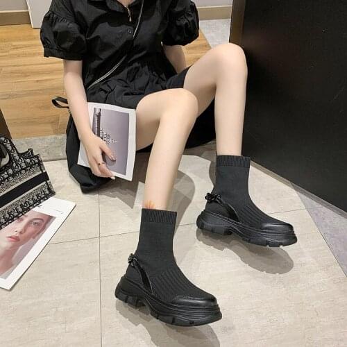Famous brand back metal chains ankle boots women knitting stretch platform sock booties 2020 leather patchwork chelsea botines