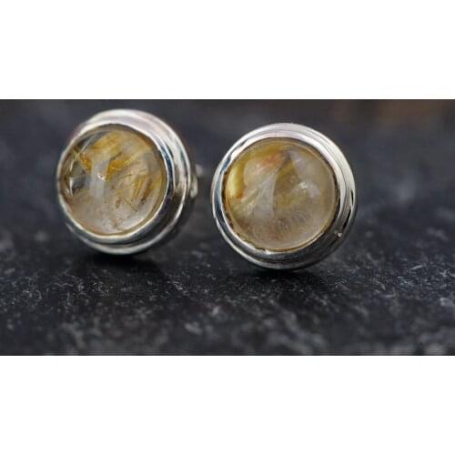 FNJ Quartz Rutilated Earrings 925 Silver Original Pure S925 Sterling Silver Stud Earring for Women Jewelry