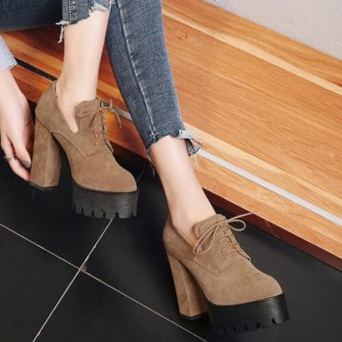 PXELENA 2018 Spring Retro Chunky Block High Heels Ladies Shoes Round Toe Flock Lace Up Punk Rock Gothic Pumps Womens Black 34-43