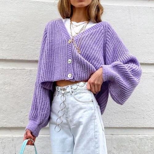 Autumn cardigan women knitted sweaters single breasted v-neck lantern sleeve cropped cardigan purple color casual loose clothes