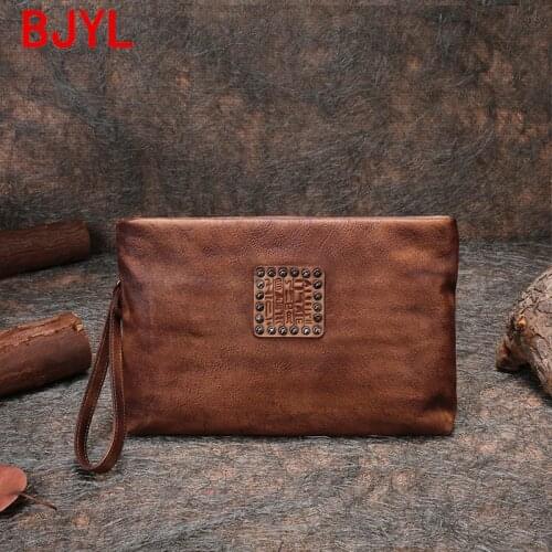 New handmade leather big women clutch bag retro rivet cowhide female mobile phone clutch bag zipper casual envelope bags 2020