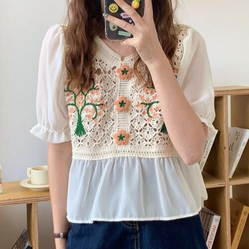 Alien Kitty 2021 Chiffon Thin Floras High Waist Slim Elegance Hook Flowers New Lady Stylish Hot Tops OL Women Summer Blouses