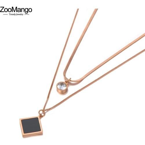 ZooMango Trendy Acrylic Square Pendant Necklace For Women Stainless Steel Double Layer CZ Crystal Chain Choker Necklace ZN20135