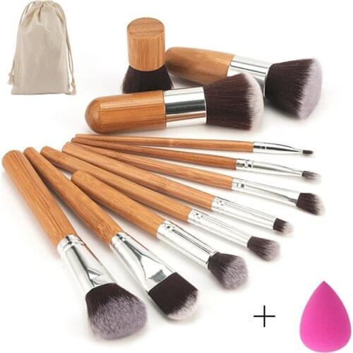 11 pcs/set Bamboo Handle Makeup Brushes Set Kit Eyeshadow Concealer Blush Foundation Brush With Blending Cosmetic Sponges Puff