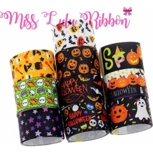 16mm-75mm Halloween Series Pumpkin Ghost Colorful Star Printed Grosgrain/Foe Ribbon DIY Party Home Decor Hair Band 50yards/roll