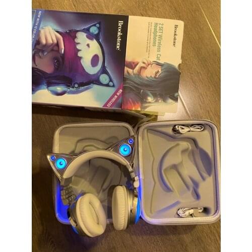 Full new Brookstone Cat ears 2 SET Wireless bluetooth headphone Silver 12 colors RGB light girl game headset