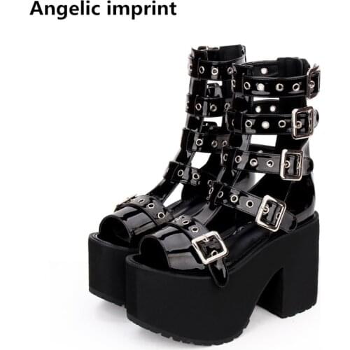 Angelic imprint woman mori girl lolita cosplay punk shoes lady high heels wedges pumps women princess summer sandals 10cm 33-47
