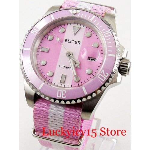 Simple Sport Style 40mm Automatic Men Watch Pink White Color Sapphire Glass Ceramic Bezel MIYOTA Movement Nylon Strap