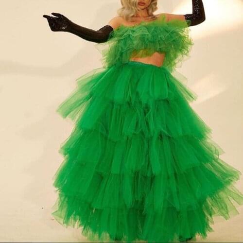 Amazing Green Puffy Tulle Floor Length Skirts Chic Ruffle Tiered Tutu Long Formal Skirts Zipper Waistline Maxi Skirts Custom