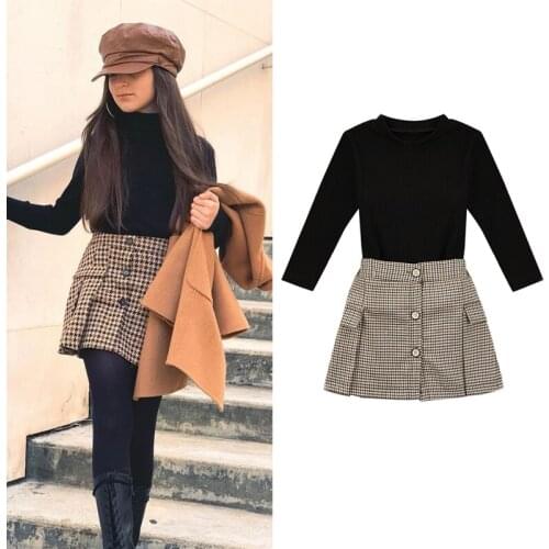 FOCUSNORM 2-7Y Fashion Kids Girls Autumn Clothes Sets 2pcs Knit Long Sleeve Solid Sweater Tops+Plaid A-Line Skirts