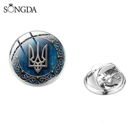 Classic Tryzub Ukraine Brooches Punk Ukrainian Symbol Glass Cabochon Stainless Steel Pin Badges Men Women Wear Brooch New
