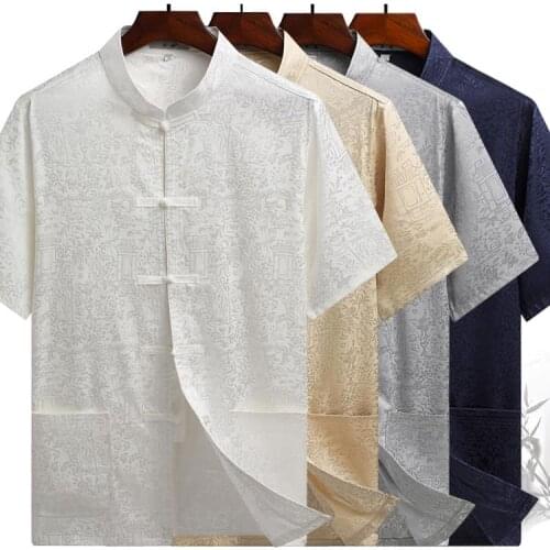 Middle-aged old people Tang Kung Fu suit mens short-sleeved shirt Dad summer Chinese style Tai Chi grandfather birthday gift