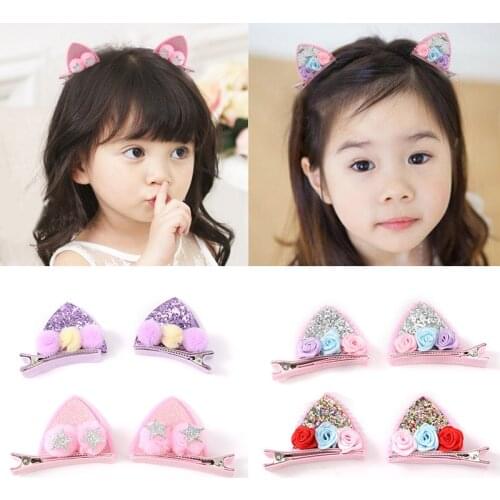 2pcs Cute Hair Clips For Baby Girls Glitter Rainbow Felt Fabric Flowers Hairpins Cat Ears Bunny Barrettes Kids Hair Accessories
