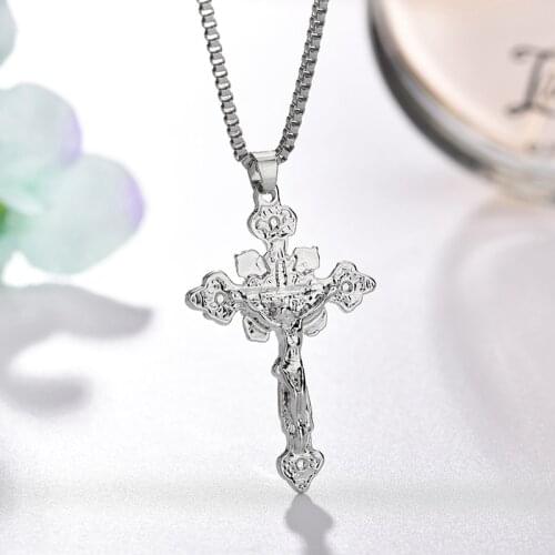 Men Chain Christian Jewelry Gifts Vintage Cross Crucifix Jesus Piece Pendant Necklace Religious Prayer Necklace Jewelry