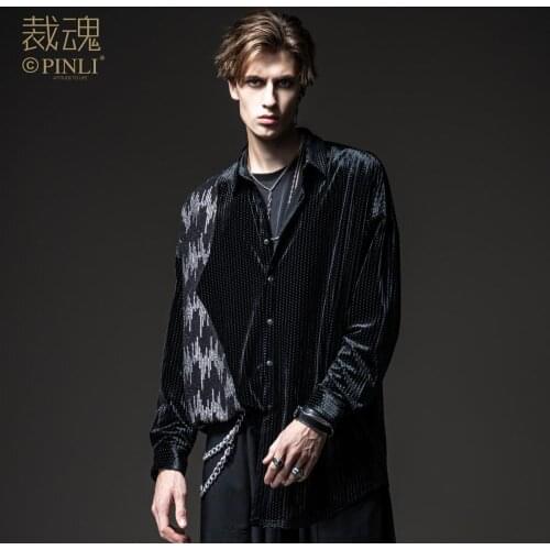 Free shipping spring new style mens personality 2020 Soul autumn unique dark stitching casual long-sleeved shirt BC203313267