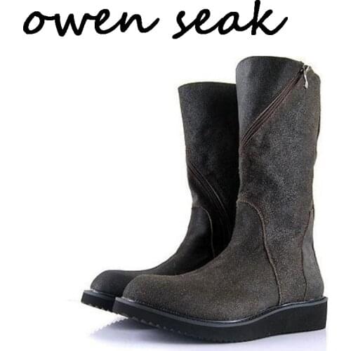 Owen Seak Men Boots Knee High Luxury Trainers Cow Suede Leather Plush Snow Boots Casual Winter Zip Flats Sneakers Man Shoes