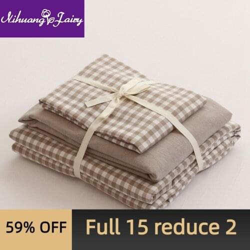 Washed cotton four-piece set, cotton pure cotton plaid bed linen, three-piece bed sheet, quilt cover, simple nude sleeping