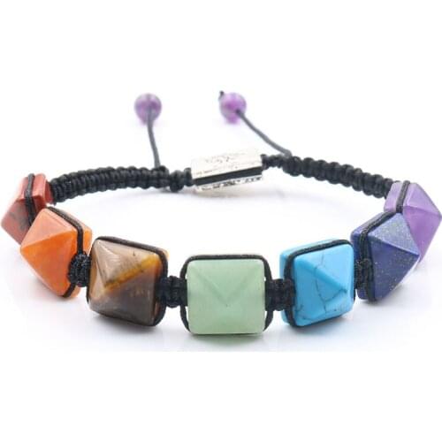 Silver Plated Tree of Life Connect Colorful Square Pyramid Healing Reiki Chakra Stretchy Bracelet Handmade Weave Jewelry