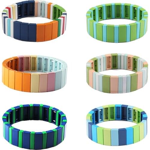 Rainbow Colorful Enamel Tile Bracelet Stackable Square Combo Tila Beads Bracelets Elastic Stretch Bracelet for Women Girl Gift
