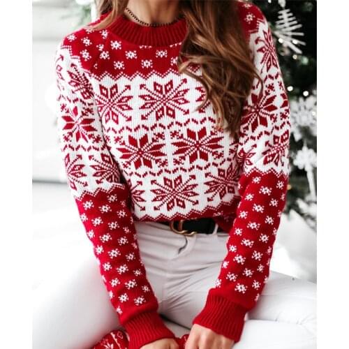 Christmas Sweater for Women Autumn Winter Knitted Jumper Pullover Female Snowflake Elk Print Sweaters 2021 New Arrival