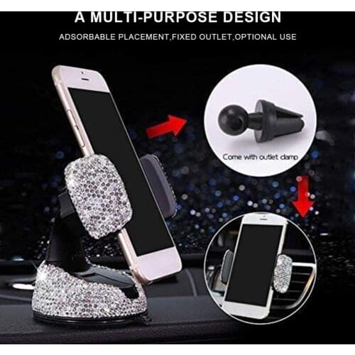 Universal Crystal Car Phone Holder With A Vent Base, mobile phone bracket For Instrument Panel, Windshield And Vent, Silver