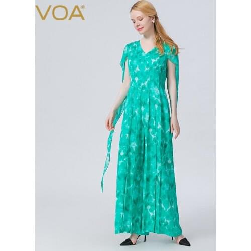 VOA 2021 Autumn Women Holiday Sleeveless V-Neck Jumpsuits Ladies Boho Tie dye Bodysuit Wide Leg Loose Long Pants Trousers KE579