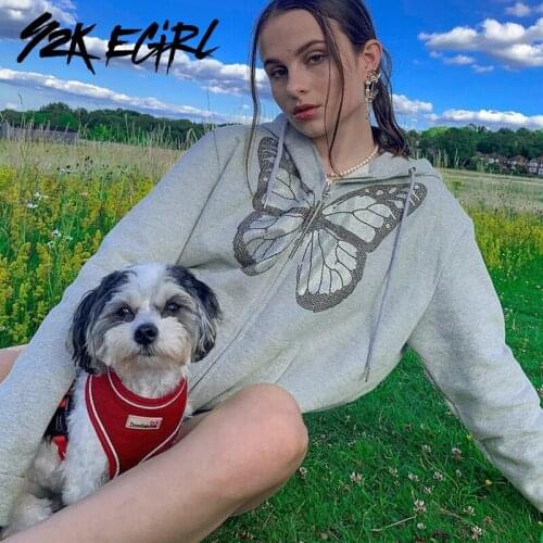 Y2K EGIRL Oversized Diamon Butterfly Graphic Appliques Zipped Front Hoodies Punk Loosed Long Sleeve Jacket Streetwear 90s Autumn