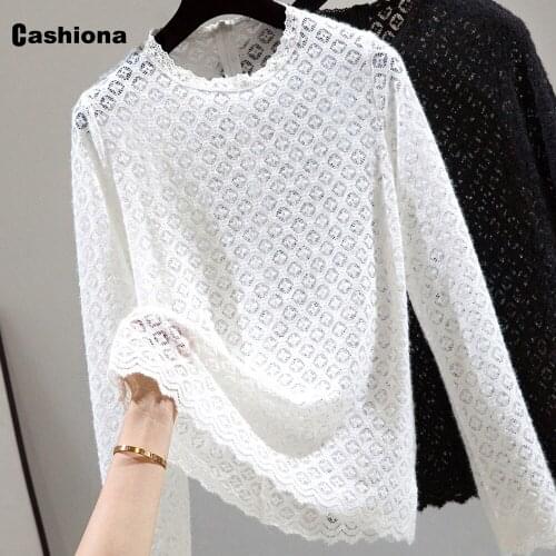 Cashiona Women Elegant Leisure Casual T-shirt Model Round Neck Transparent Lace Womens Top 2021 Kpop Summer Tees shirt Femme