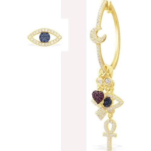 SOELLE Luxury 925 Sterling Silver Asymmetric 3 Gold Color Evil Eye Earrings Micro Cubic Zirconia Stones for Women ETE collection