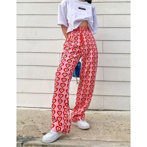 Womens Pink Pants Heart Printed Straight Elastic High Waist Pants Drawstring Fashion Pants Streetwear Vintage 2021 Harajuku