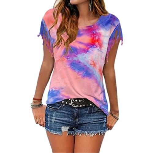 Tassel Short Sleeve Women Tops Tie dye t Shirt Women Summer Tees Ladies Top Casual Women Clothing Fashion Female t Shirt Girls