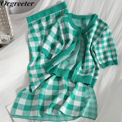 Elegant Ladies Plaid Knitwear Two piece set Female O-neck Short Sleeve Cardigan Sweater and Empire Bodycon Slit Mid Skirt Suits