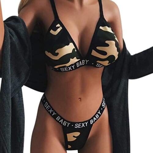Women Camouflage Lingerie Set Sexy Fashion Corset Bra Letter Print G String Panties Underwear Sets Sports Underwear Hot
