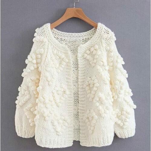 Autumn Winter Women Casual Sweater Hairball Knitted Cardigan O-neck Long Sleeve Pink Cardigan Cute Sweaters