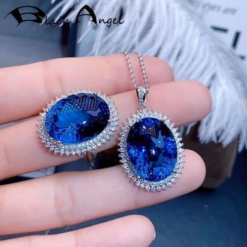 BLACK ANGEL New Romantic Oval Sapphire Jewelry Sets For Women Pave Gemstone CZ Pendant Necklace Ring Girlfriend Wedding Gift