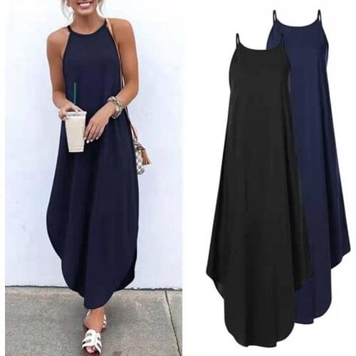 Women Dress Casual Sleeveless Retro Halter Solid Beach Long Dress Round Neck Sling Fashion Beach Clothes Plus Size Summer 2021