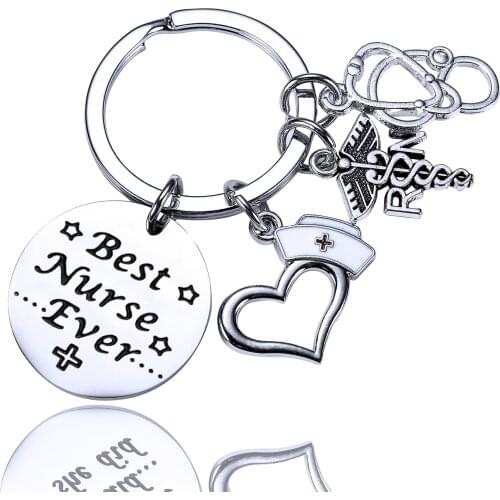 36PCs Best Nurse Ever Keyrings Nurse Hat RN Stethoscope Charm Pendant Stainless Steel Keychains Nurse Student Jewelry Gifts Hot