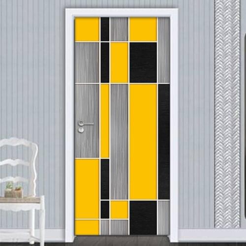 3D Yellow Striped Geometric Door Sticker Wall Painting Living Room Bedroom Door Wallpaper Self-adhesive Waterproof Wall Stickers
