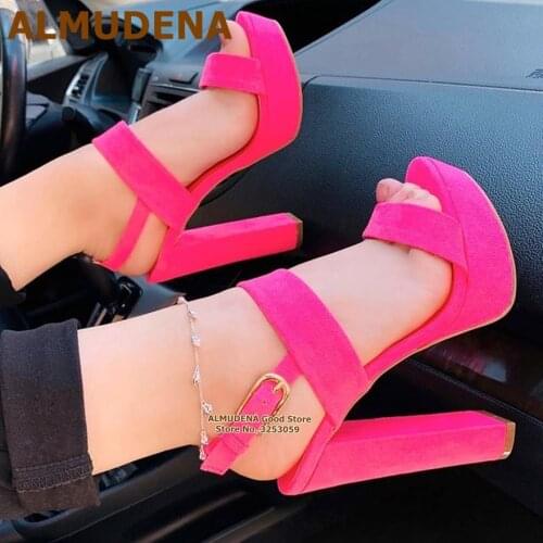 ALMUDENA Hot Pink Suede Chunky Heel Sandals Ladies Gorgeous Platform Buckle Strap Wedding Shoes Vogue Dress Pumps Size46 Heels