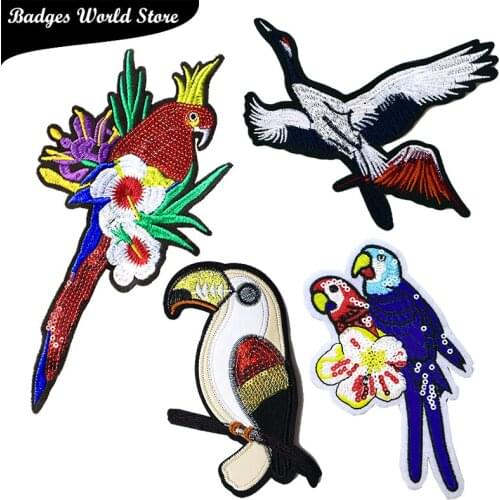 Animal Decorative Sequins Patch Crane Bird icon Embroidered Applique Patches For DIY Iron on Badges Stickers on the clothes