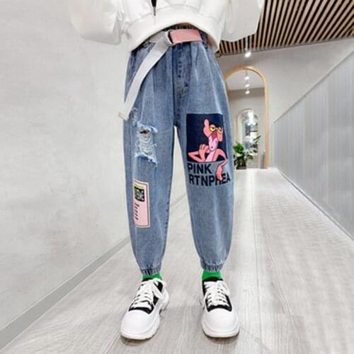 Girls Jeans Cartoon Anime Leopard Design Denim Pants Holes Ripped Trousers Spring Summer Blue Jeans with Belt Childrens Garment