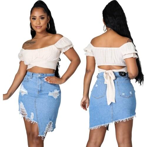 European and American womens fashion all-match trend ripped irregular straight sexy skirt denim skirt