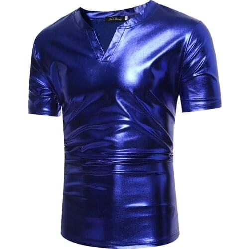 Classic V Neck T Shirt Men Shiny Royal Blue Coated Metallic Nightclub Stage Tshirt Men Hip Hop Streetwear Camiseta Masculina XXL
