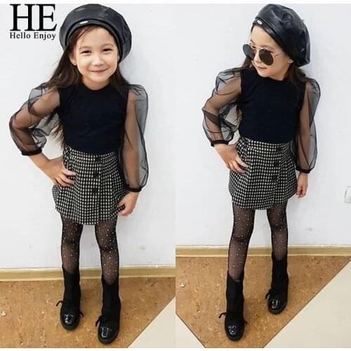 HE Hello Enjoy 2021 Summer Girls' suits Childrens Clothes Lace Tops + Plaid Skirt Two-Piece Summer Wild The New Casual