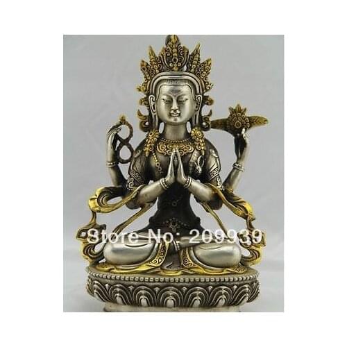 Huij 005329 Tibet Tibetan Buddhism Silver Bodhisattva Four arm Kwan Yin Buddha Statue