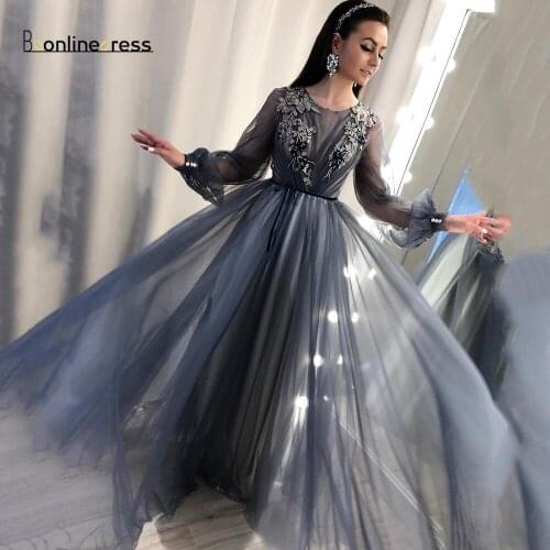 Long Sleeves Formal Evening Dresses 2020 A Line Appliques Lace Custom Prom Dress Boho Puff Sleeves Party Gown