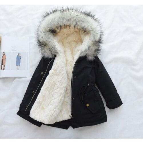Girls Faux Fur Jackets Autumn Winter Boys Liner Rex Rabbit Fur Collar Cotton-Padded Coats Children Removable Hooded Warm Parkas