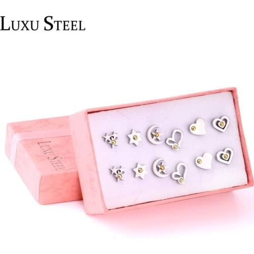 LUXUSTEEL Star/Moon/Shape Silver Color Stud Earrings For Women Stainless Steel Semicircle Gold Ball 6pairs/Boxes Earring Sets
