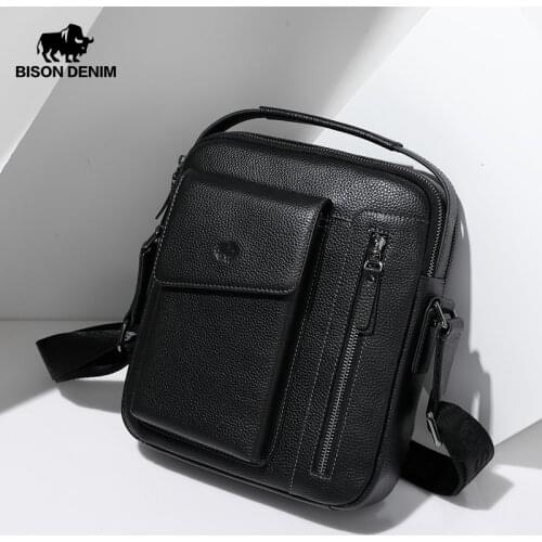 BISON DENIM Genuine Leather Men Shoulder Bag Double Zipper Crossbody Bag for Men Top Handle Male Handbag 9.7" iPad Men Bag W2988