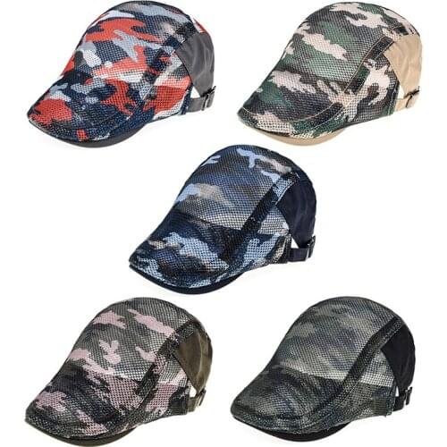 Mens Hats With Mesh Breathable Hollow Adjustable Fashion Camouflage Retro Berets With Brim Mens Hats